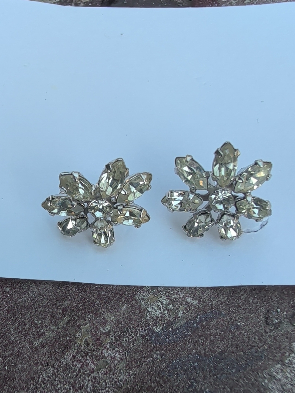 Van Dell V.O. Sterling Earrings Vintage Rhinestone Floral Design Post Back